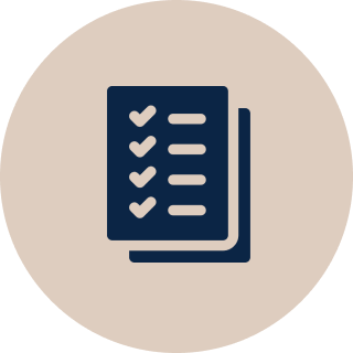 Checklist icon on beige circular background.